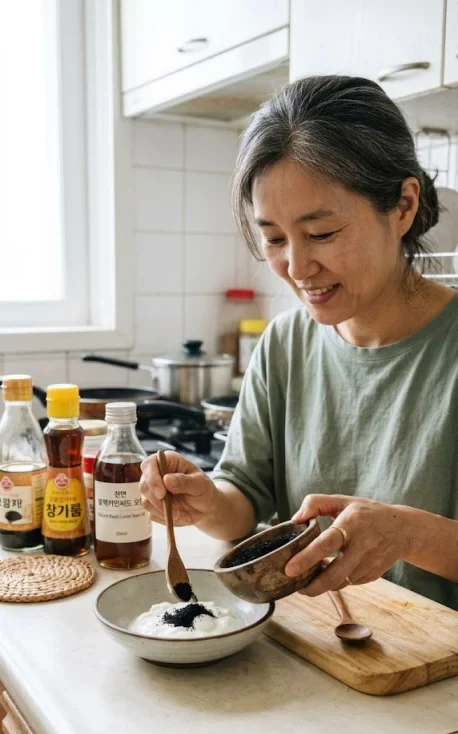 블랙커민 분말을 요거트에 섞는 모습 실사