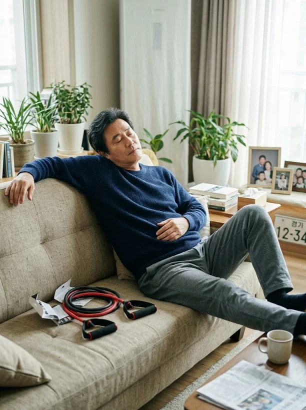 소파에 앉아 운동을 쉬고 있는 중년 남성의 모습