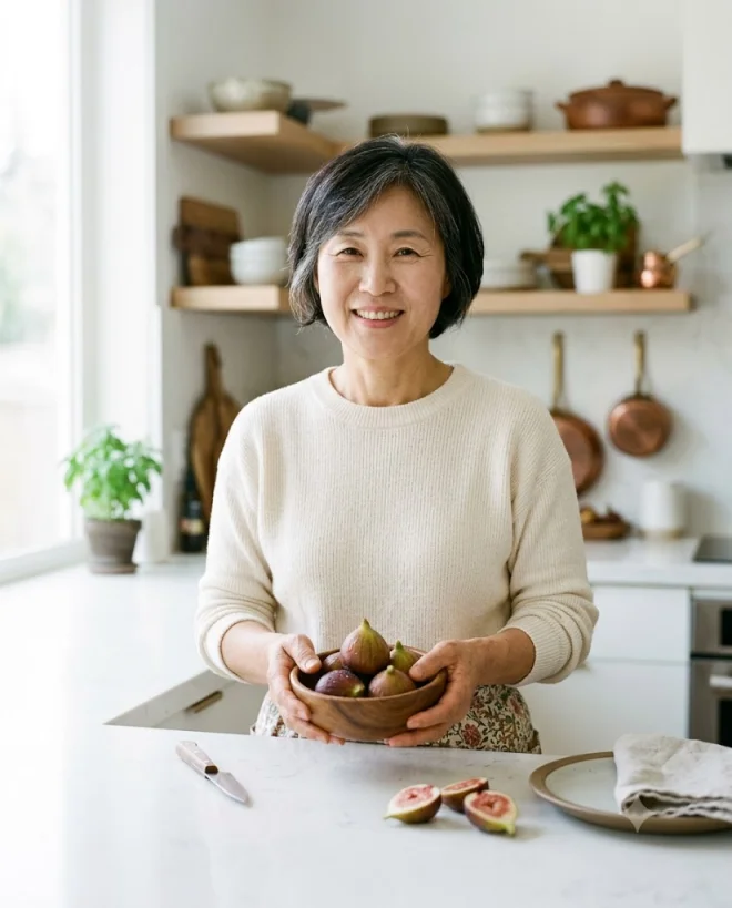 갱년기 여성이 무화과를 준비하며 밝게 웃는 모습