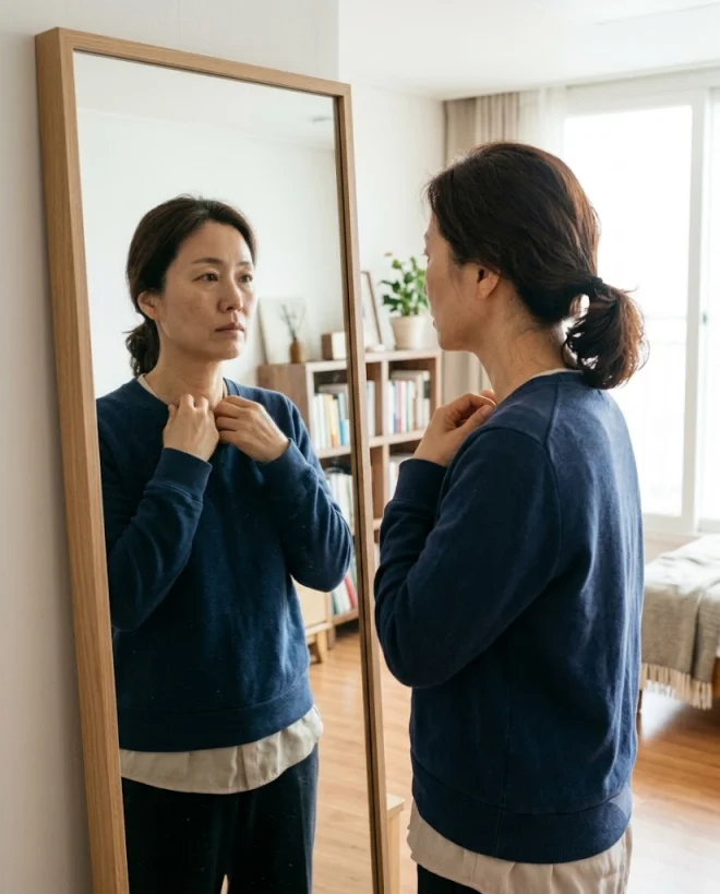 다이어트 성공 후 나잇살 요요현상을 고민하는 중년 여성