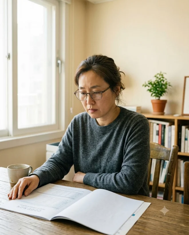 건강검진 결과표를 보며 걱정하는 모습