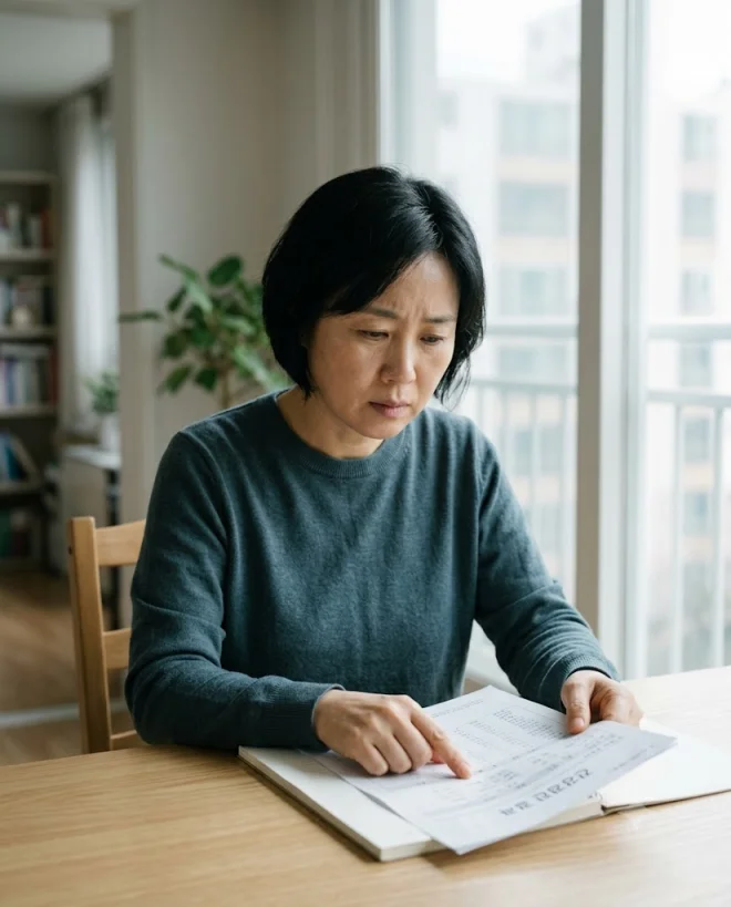 건강검진 결과표를 보며 걱정하는 모습