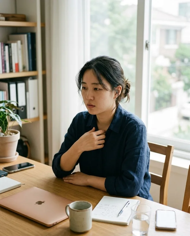 가슴에 손을 대고 두근거림을 느끼는 젊은 여성