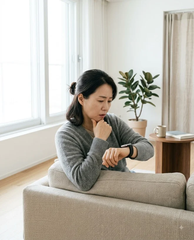 스마트워치 심박수 알림 화면을 보며 걱정하는 손목