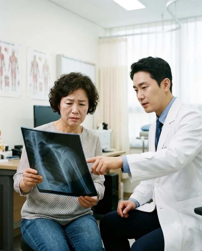 어깨 통증으로 병원 진료를 받는 모습