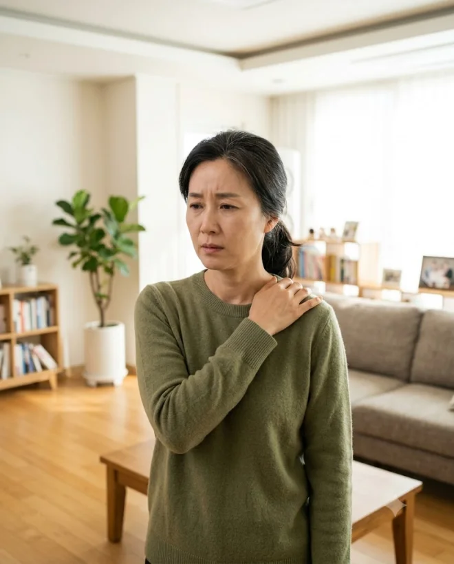 어깨 통증 재발이 걱정돼 어깨를 만지는 모습