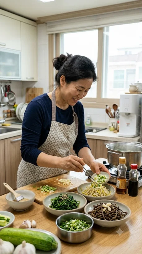 채소 반찬을 준비하는 건강한 식사 모습