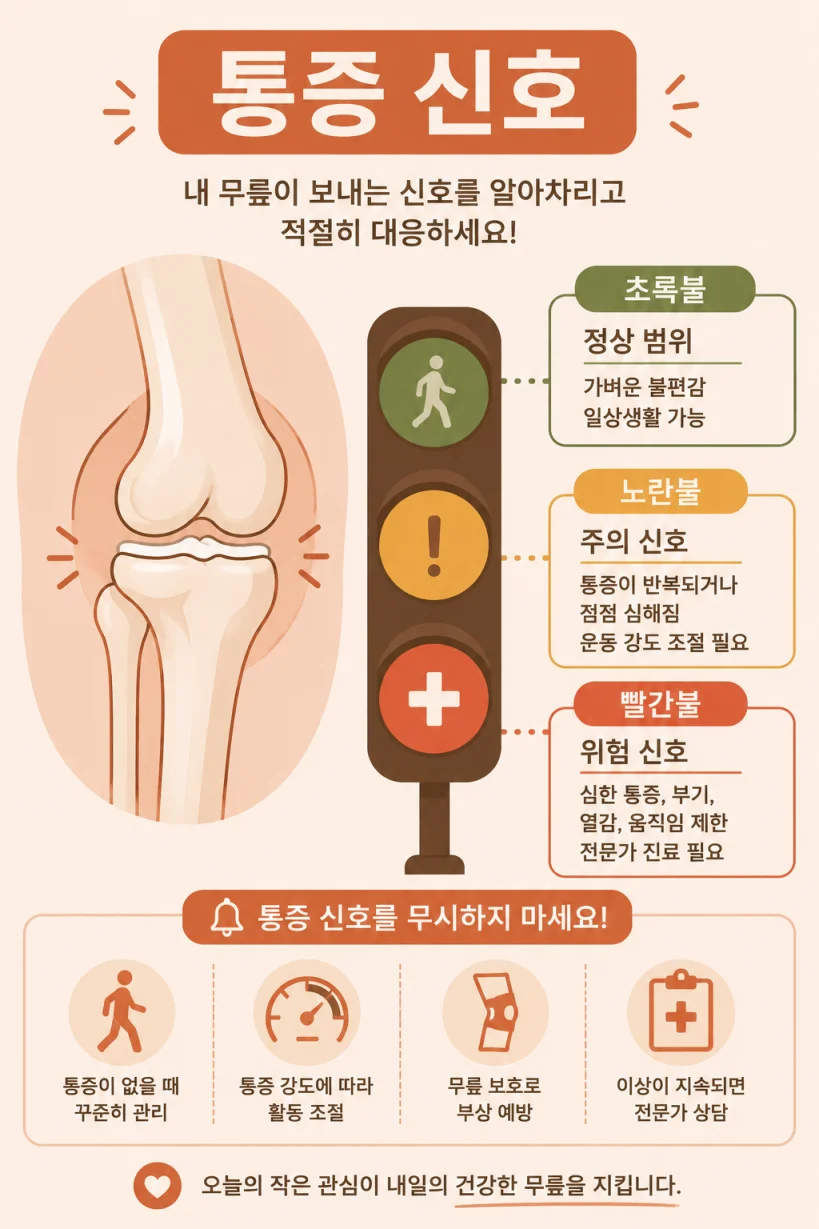 무릎 통증 신호 경고등 비유 일러스트