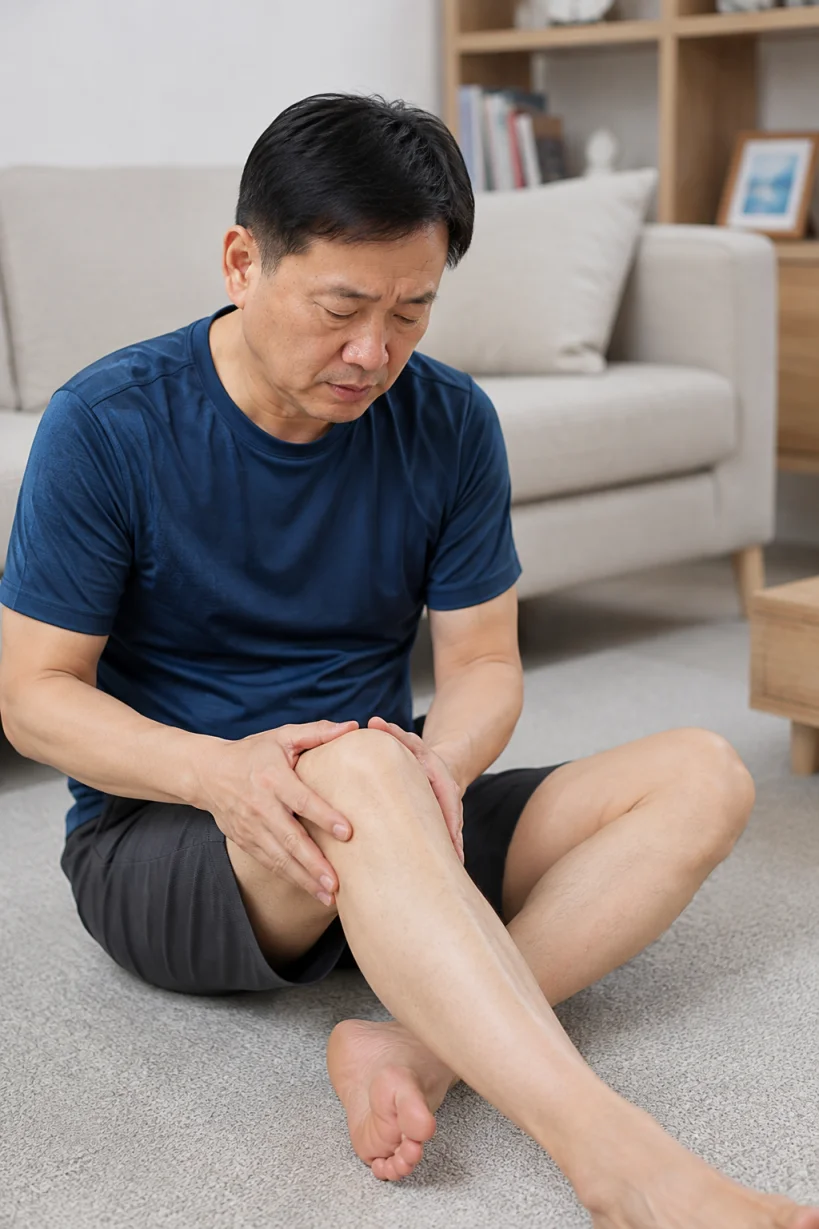 운동 전 관절 통증을 확인하는 50대 남성의 모습