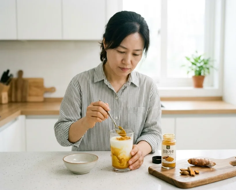 우유에 강황가루를 타서 섭취하는 모습