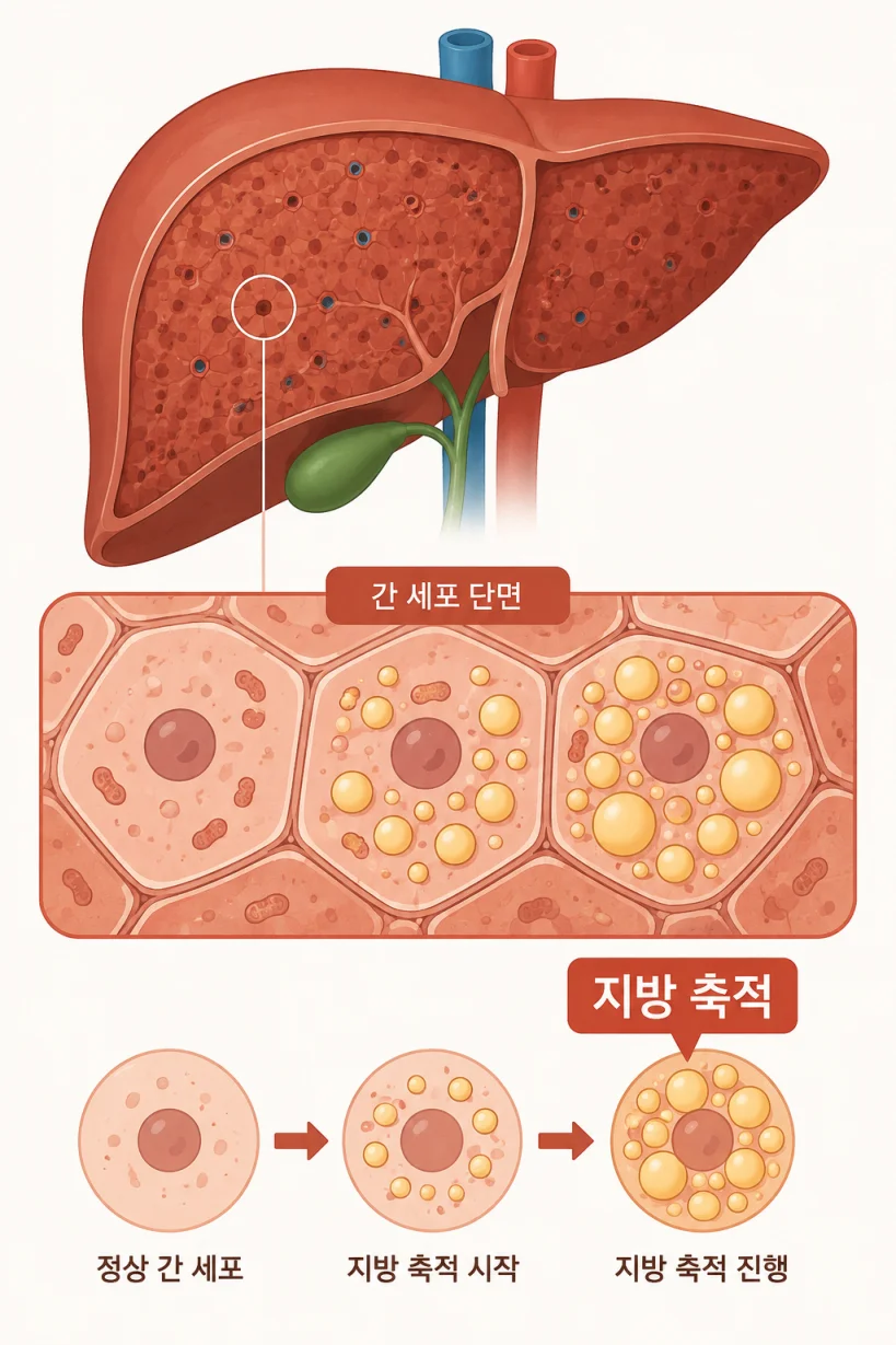 간세포에 지방이 쌓이는 과정을 표현한 일러스트