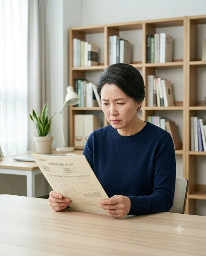건강검진 결과지를 보며 걱정하는 모습