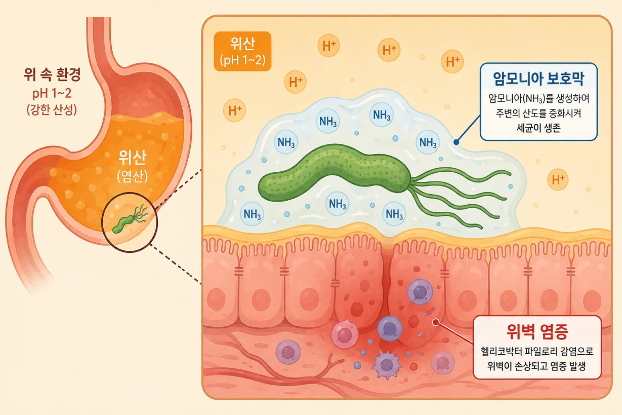 위산 속에서 암모니아로 버티는 헬리코박터균 구조 일러스트