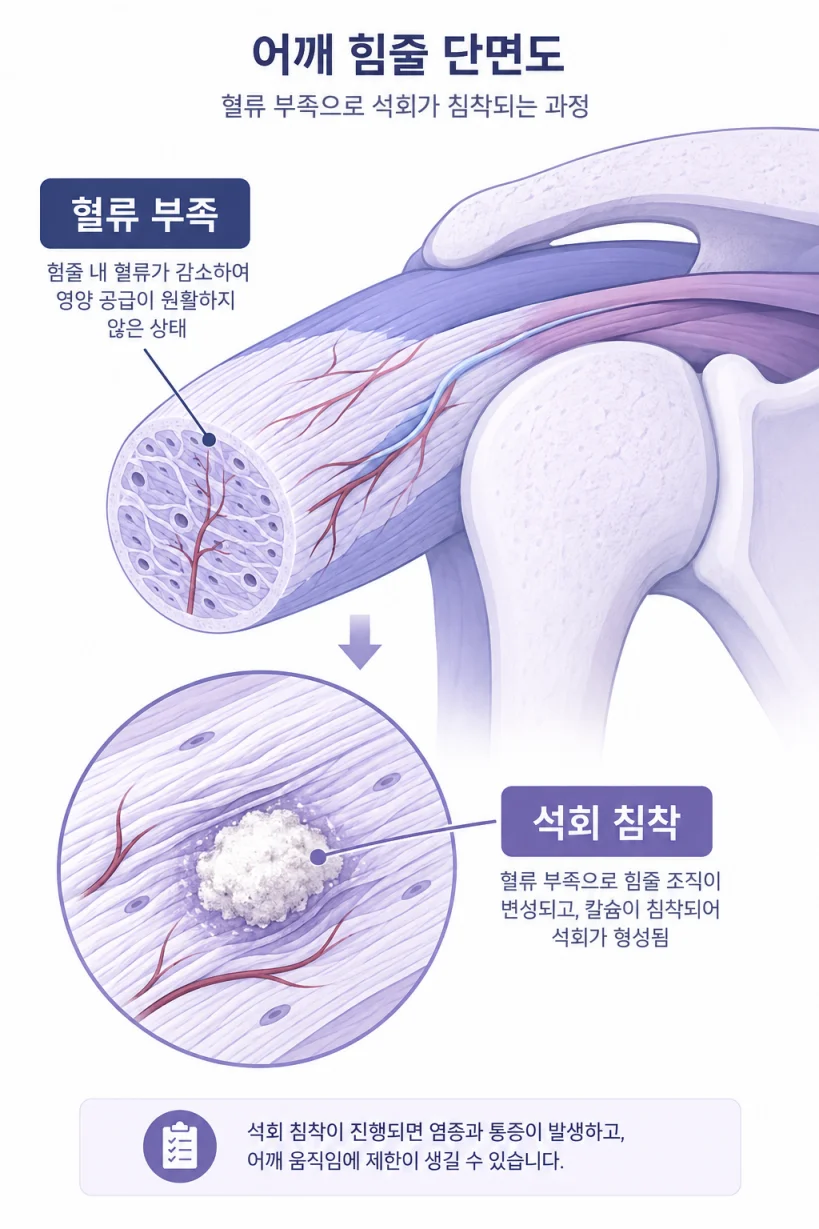 힘줄 혈류 부족으로 석회가 생기는 과정 일러스트