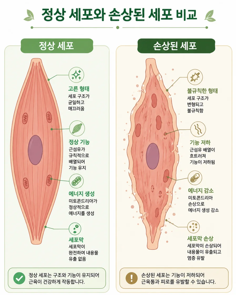 손상된 근육 세포와 정상 세포 비교 일러스트