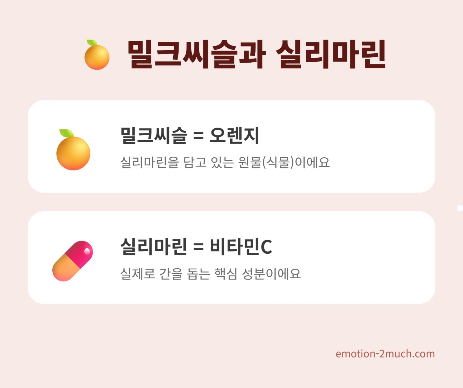 밀크씨슬과 실리마린의 관계를 오렌지에 비유한 카드