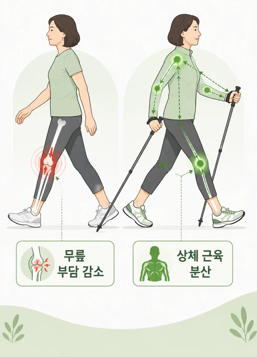노르딕 워킹의 체중 분산 원리를 표현한 의학 일러스트