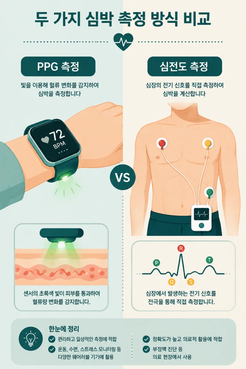 PPG와 심전도 측정 원리를 비교한 일러스트