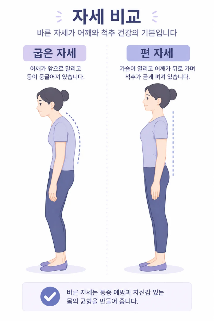 굽은 자세와 편 자세 비교 일러스트