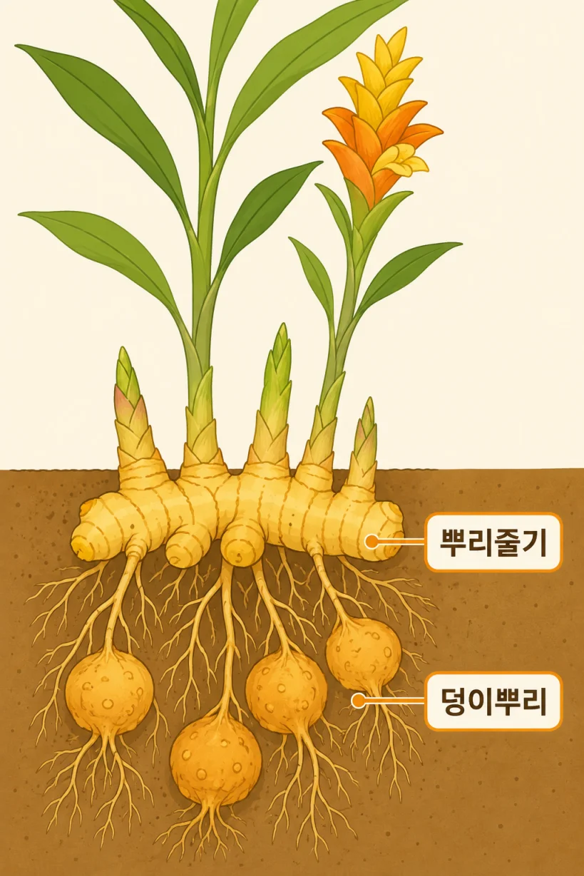 뿌리줄기와 덩이뿌리 부위 비교 일러스트