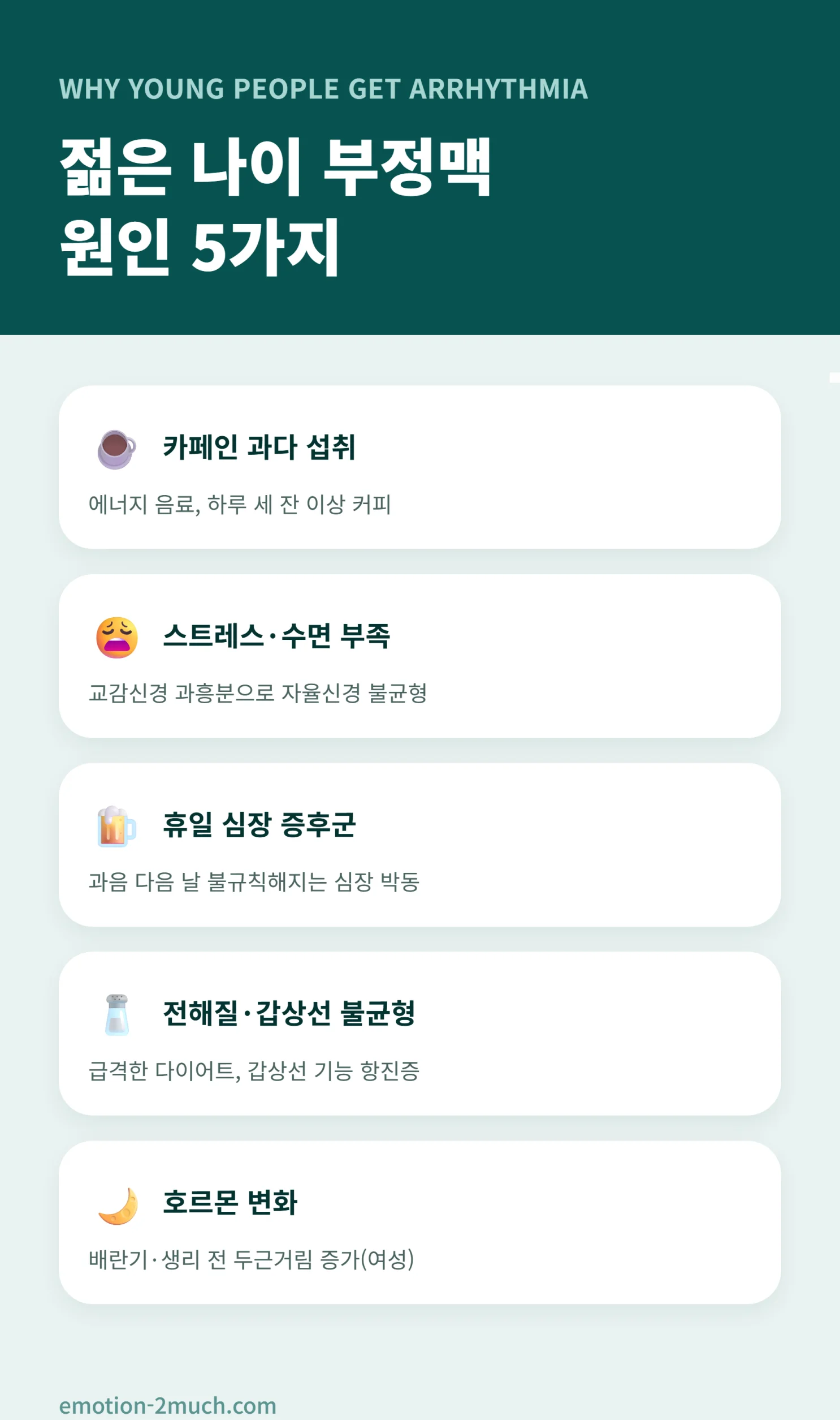 젊은 나이 부정맥 원인 5가지를 정리한 인포그래픽