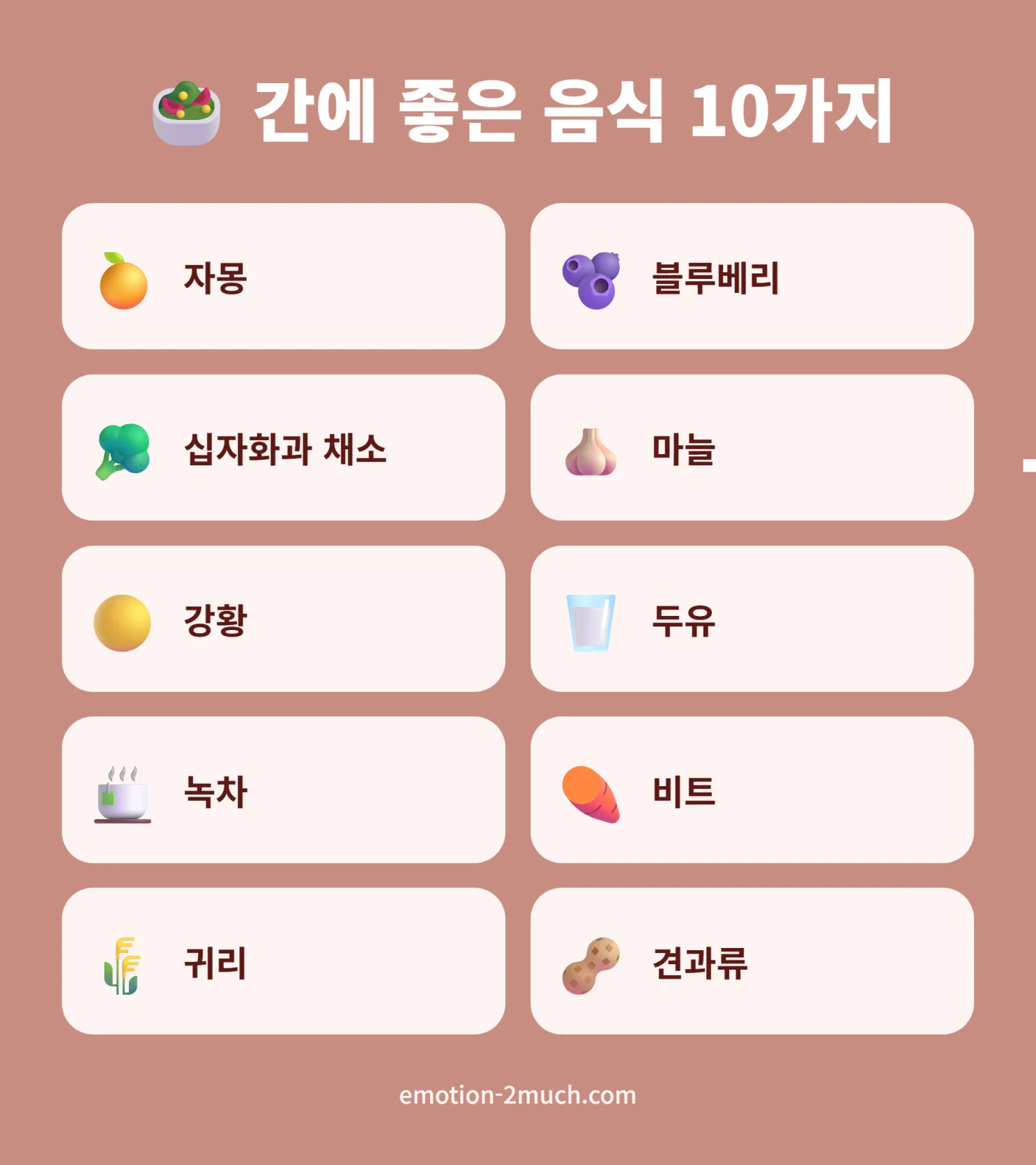 간에 좋은 음식 10가지를 정리한 리스트