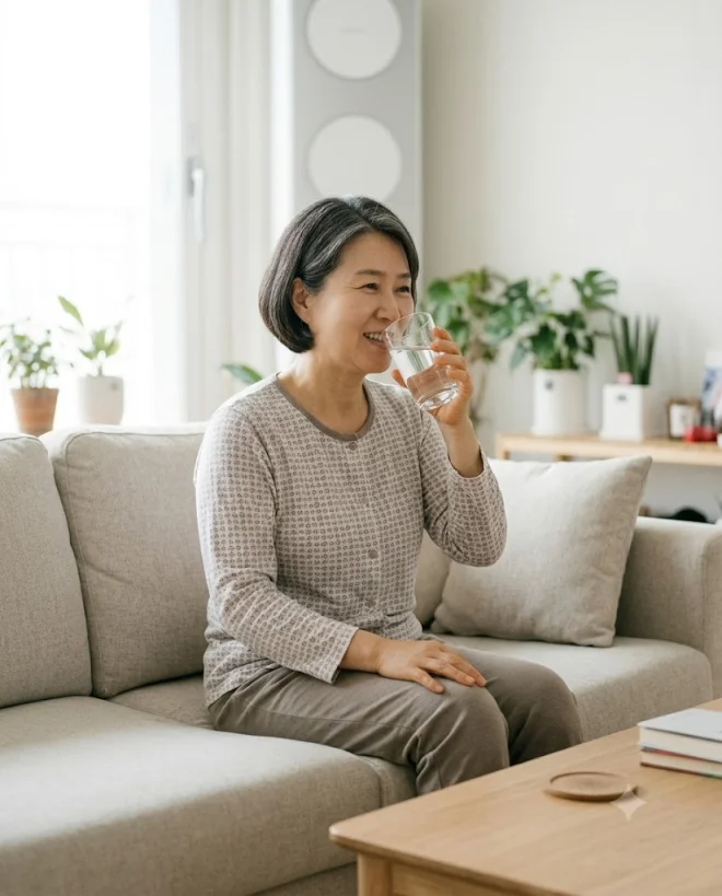 물을 마시며 휴식을 취하는 모습