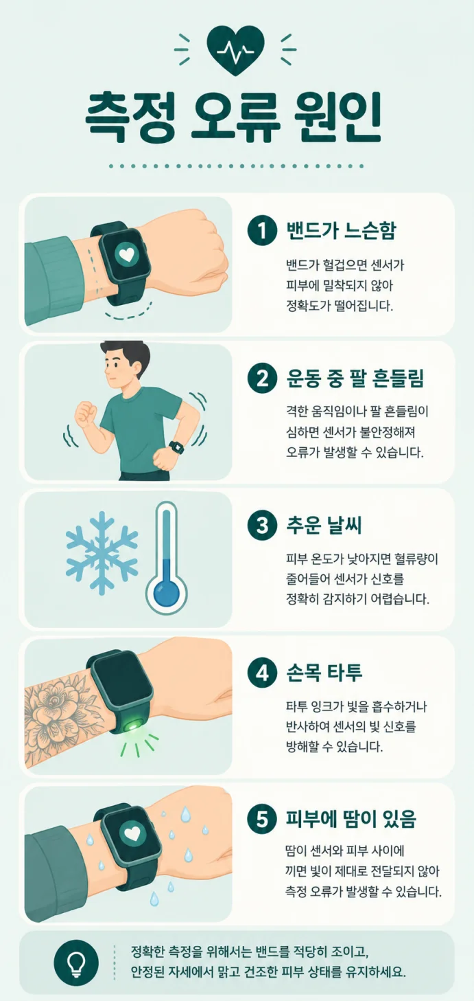 심박수 측정 오류를 유발하는 상황 일러스트