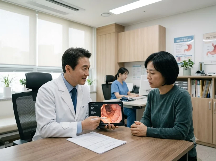 의사와 위내시경 결과를 상담하는 모습