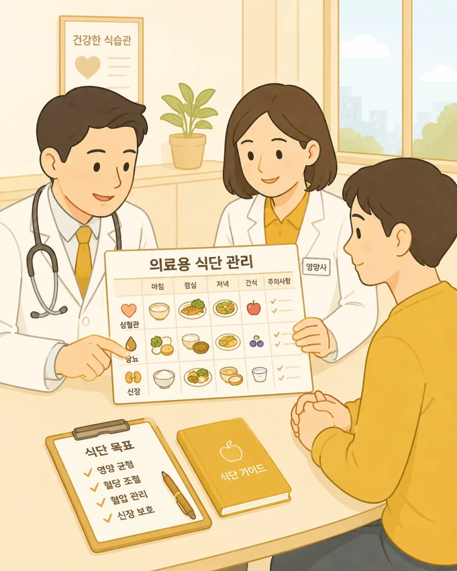 병원에서 뇌전증 치료 식단을 관리하는 의료진 모습을 표현한 일러스트
