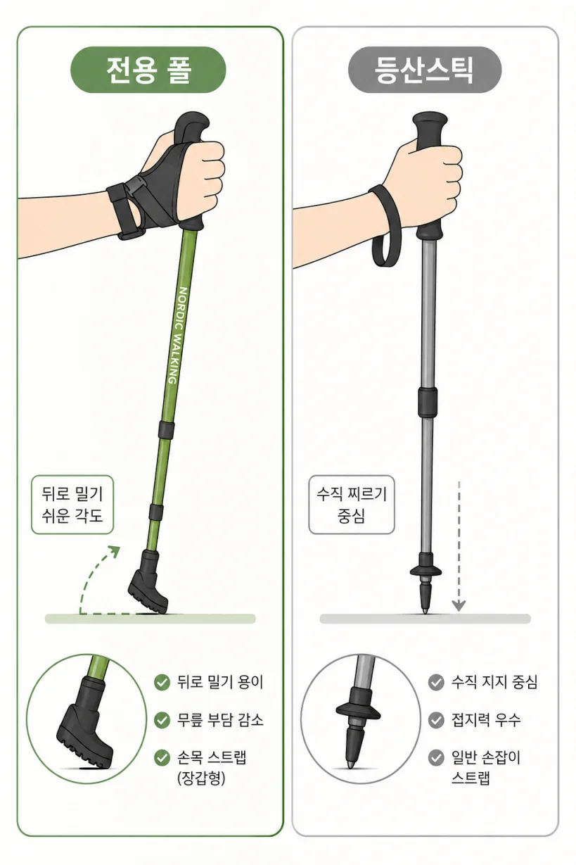 노르딕 워킹 전용 폴과 등산스틱의 구조 차이 일러스트