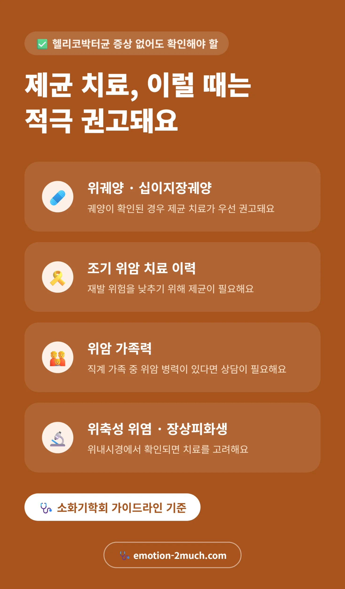 제균 치료가 권고되는 대상 체크리스트 인포그래픽