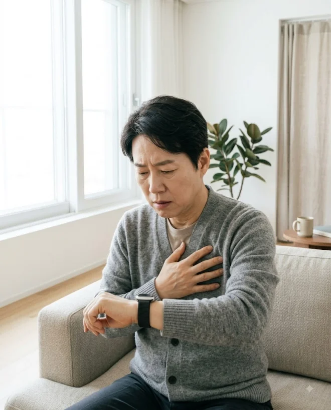 가슴 답답함을 느끼며 스마트워치를 확인하는 모습