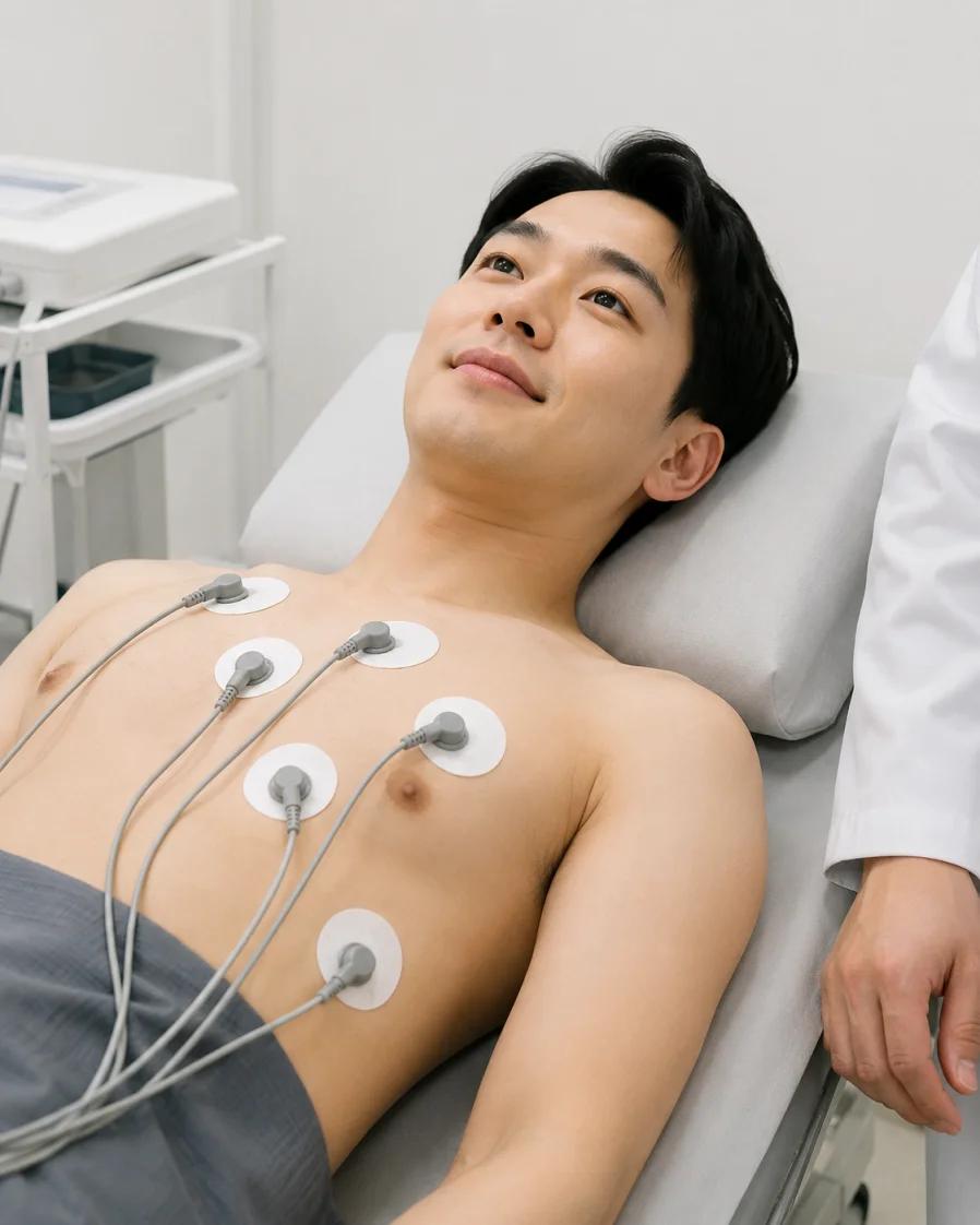 심전도 검사를 받으며 안심하는 모습