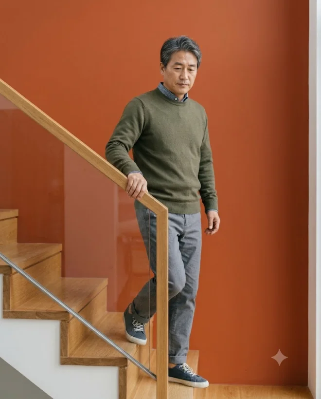 난간 잡고 계단 내려가는 모습