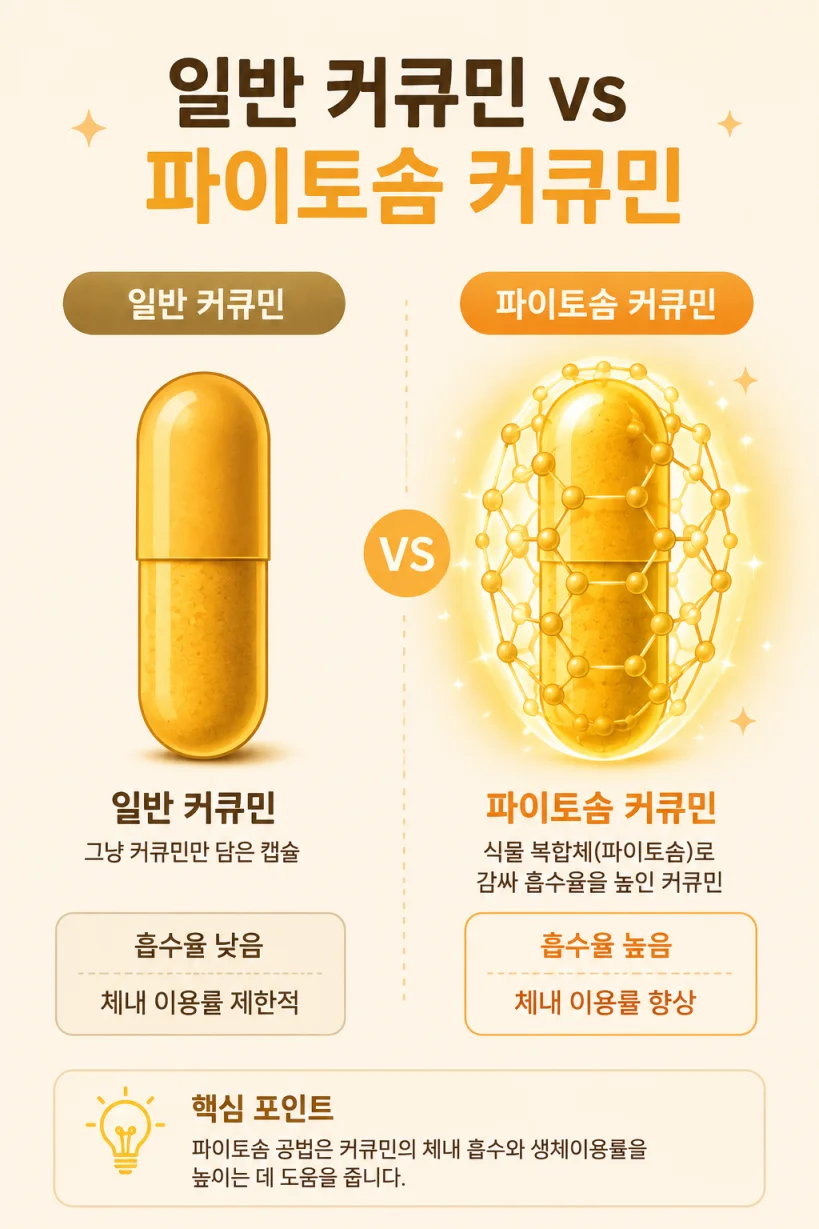 일반 커큐민과 파이토솜 커큐민 흡수 방식 비교 일러스트