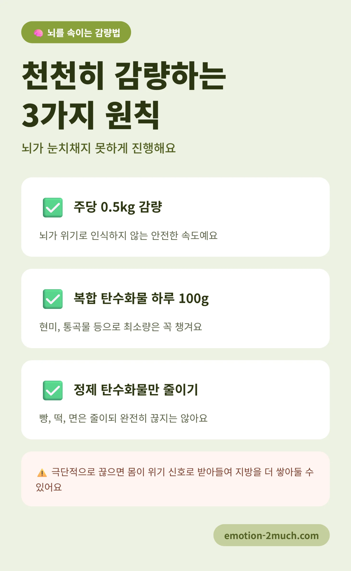천천히 감량하는 3가지 원칙 체크리스트 인포그래픽