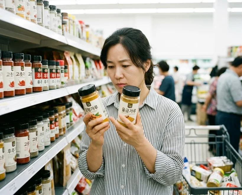 마트 향신료 코너에서 제품을 확인하는 모습