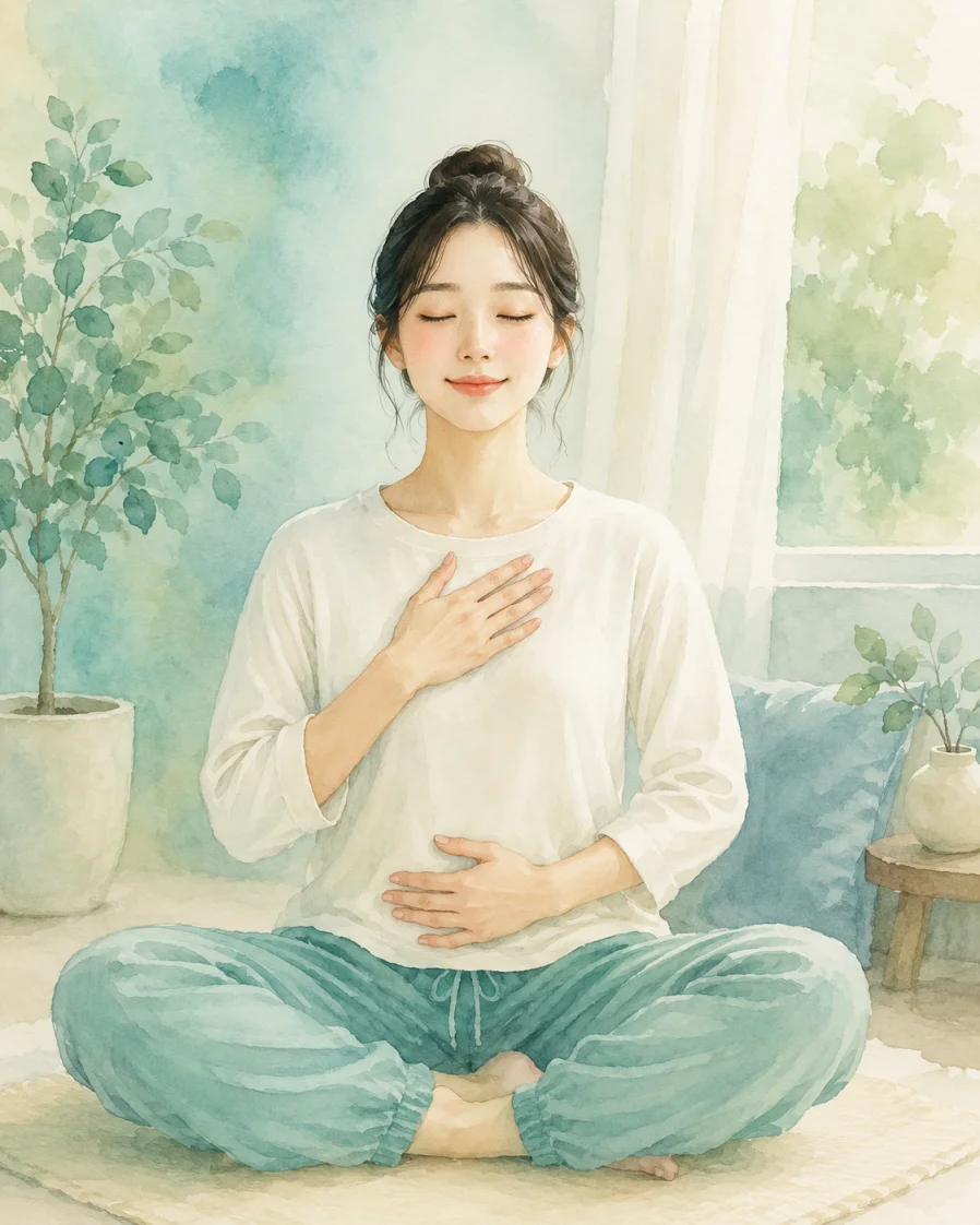 복식호흡으로 심신을 안정시키는 모습