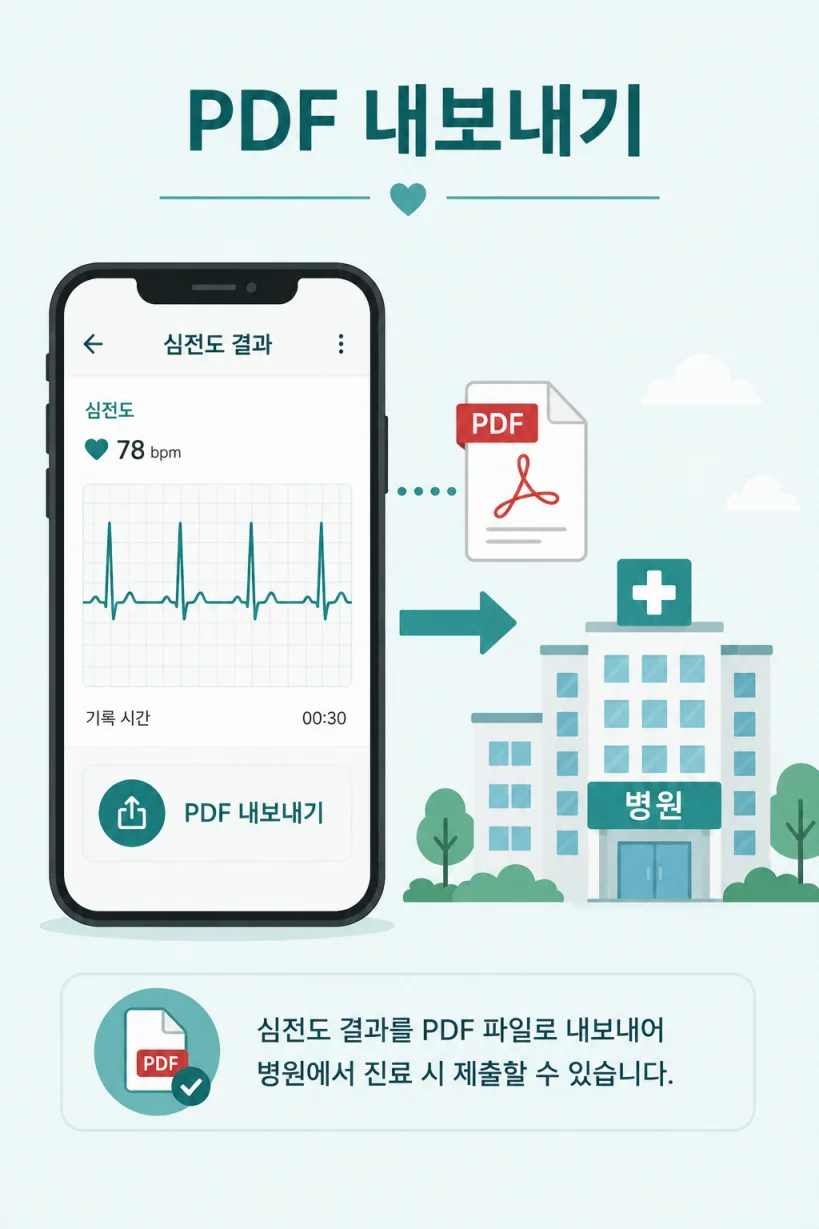 심전도 기록을 PDF로 내보내 병원에 가져가는 모습 일러스트