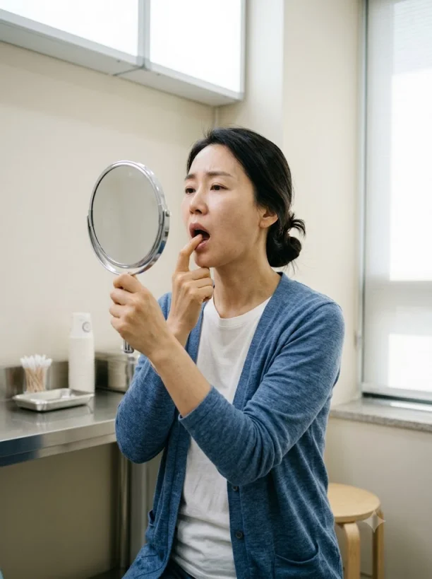 편도결석 걱정으로 거울 보며 목 안쪽 살피는 모습