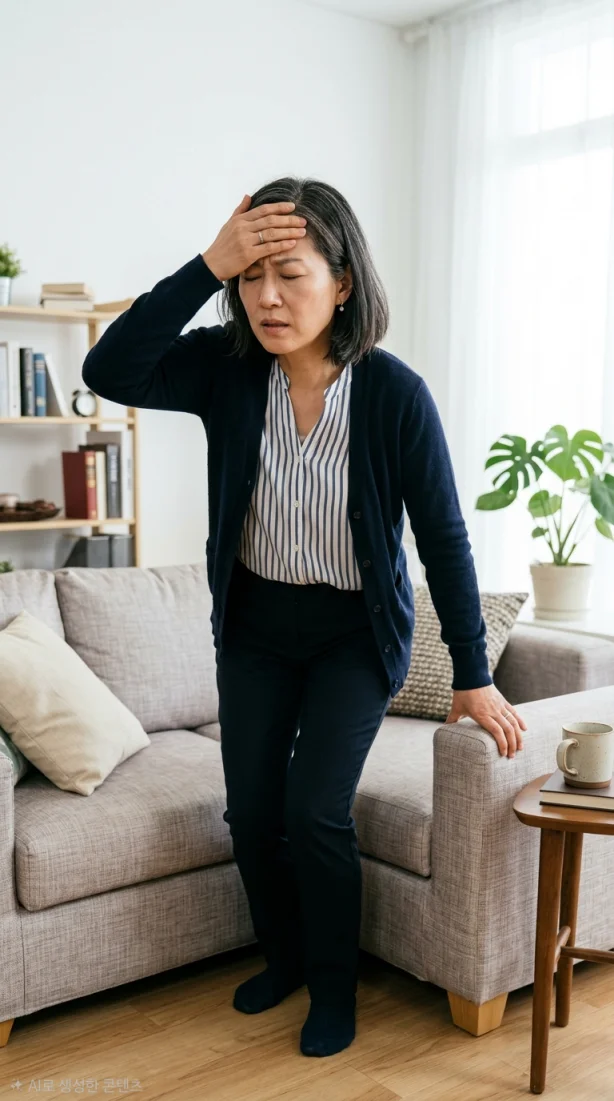 앉았다 일어나며 핑 도는 기립성 저혈압 증상을 겪는 여성