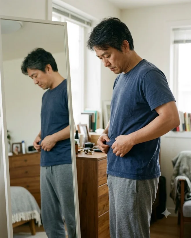 뱃살 고민하는 40대의 모습