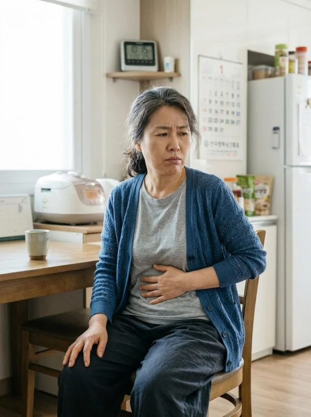 위고비 투약 후 속이 안 좋아 배를 감싸 쥔 중년 여성