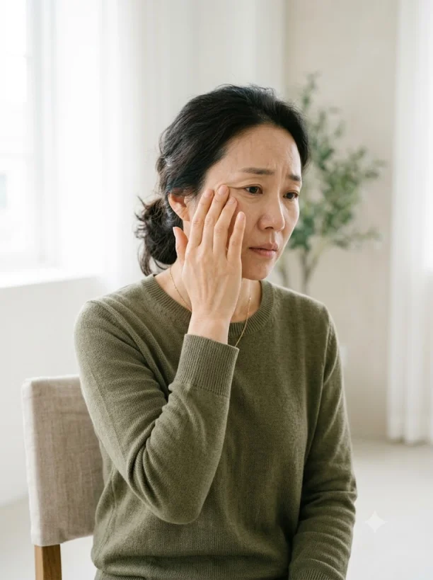 얼굴 압박감에 미간을 찌푸리는 모습