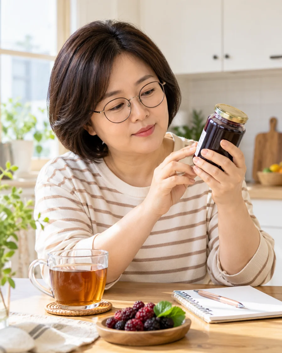 꾸지뽕 쿠드로닌이 궁금해 제품 라벨을 살펴보는 40대 여성