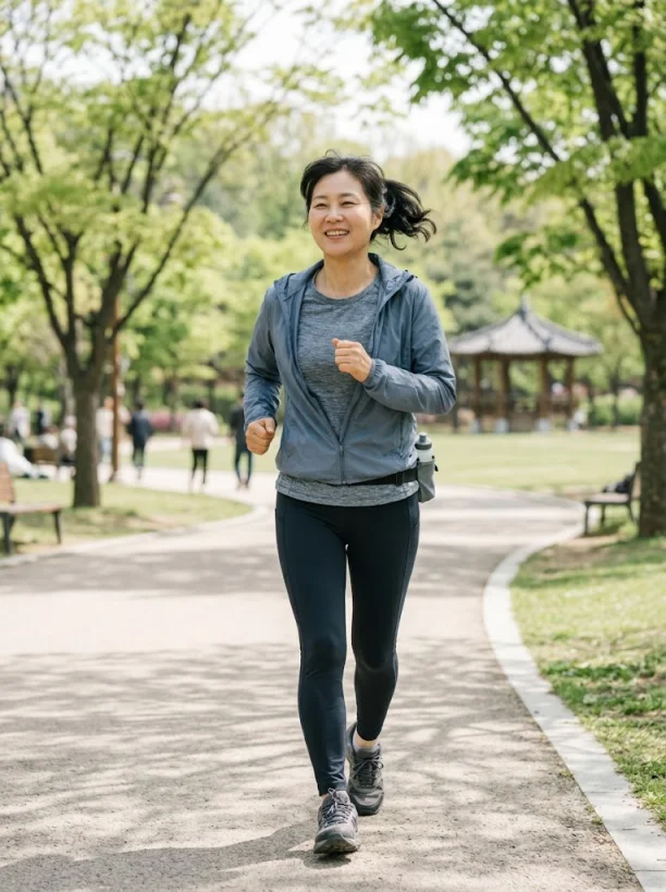 규칙적으로 걷기 운동을 하는 여성의 회복 후 일상 모습