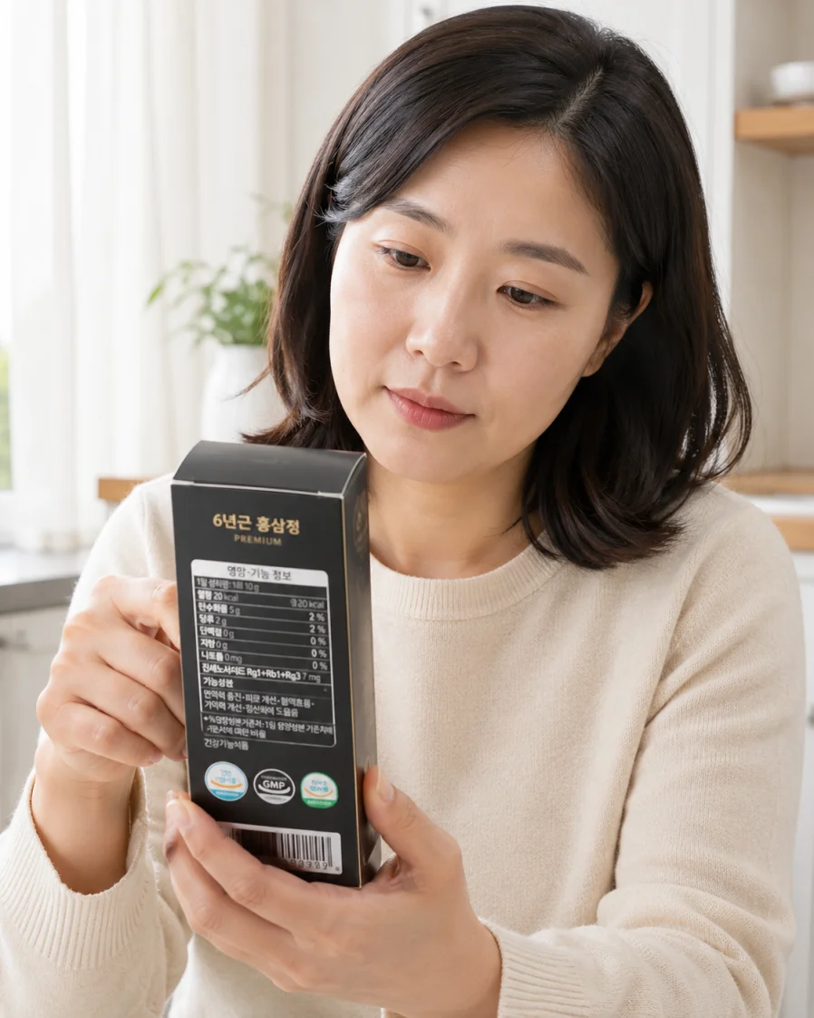 흑삼 제품 라벨과 가공 인증 마크를 확인하는 모습