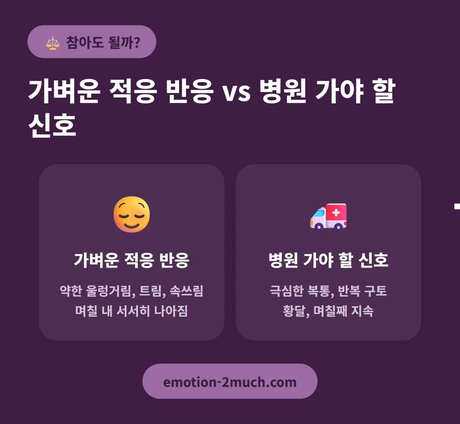 메스꺼움 참아도 될 때 vs 병원 가야 할 때 비교 인포그래픽