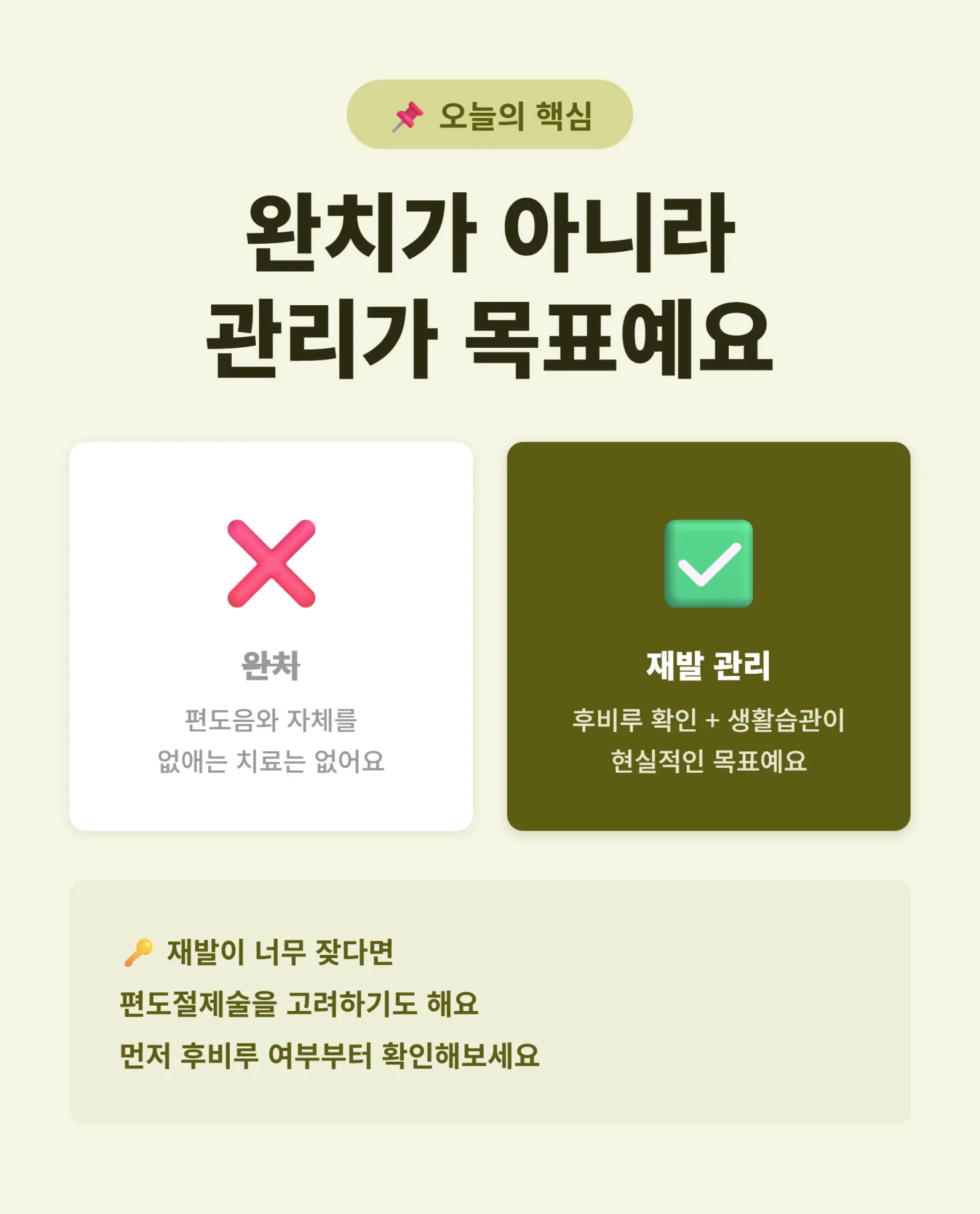 편도결석 완치 대신 관리가 목표라는 핵심 요약 인포그래픽